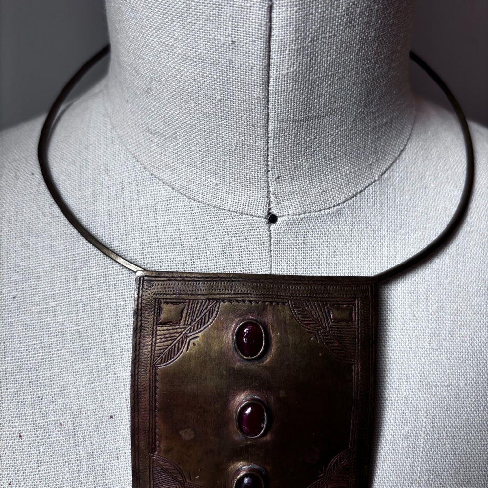 Vintage Brass Choker Necklace with Red Accents